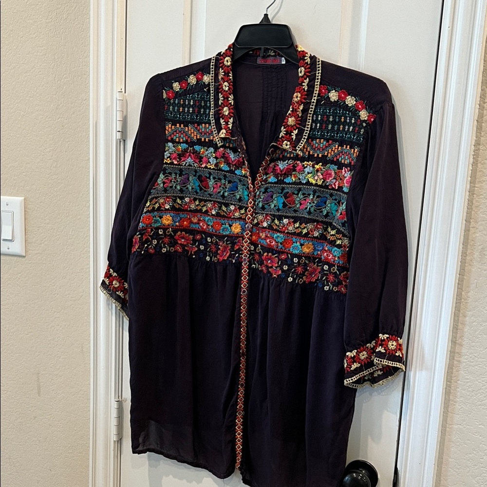 Johnny Was Black Tunic with Colorful Embroidery